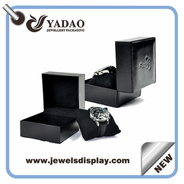 black plastic packaging watch box stitching finish in leather paper cover