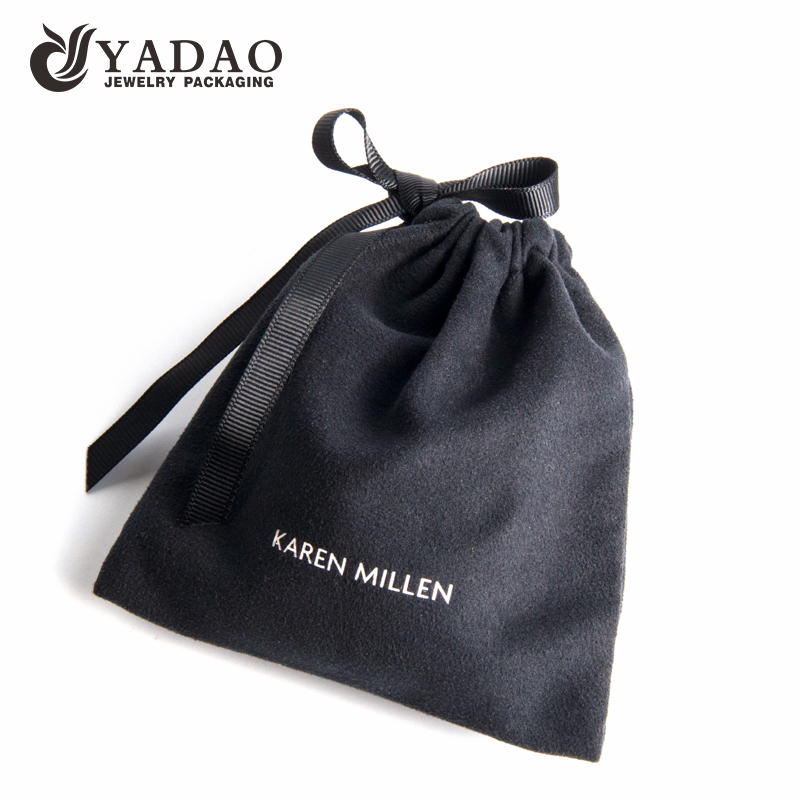 black suede pouch jewelry packaging pouch bag with ribbon string closure