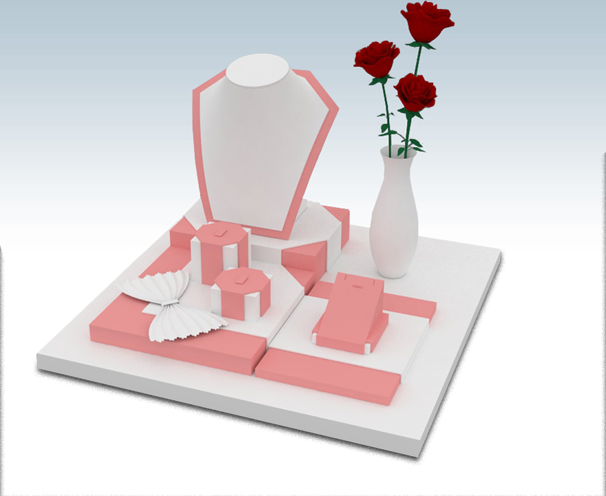 high-end wooden pu leather simple pink and white jewelry display props made by chinese manufacturer