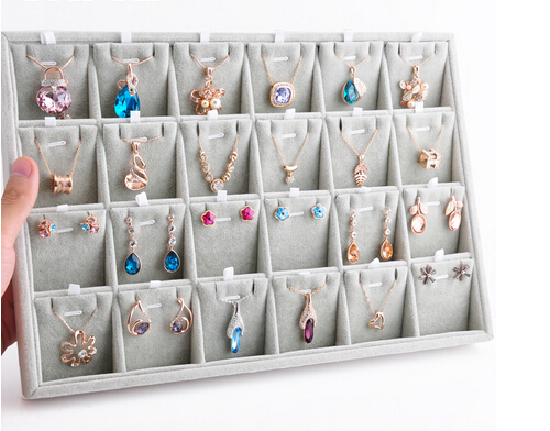 high quality grey velvet jewelry pendant display tray 6*4 blogs stackable jewelry display tray wooden customize