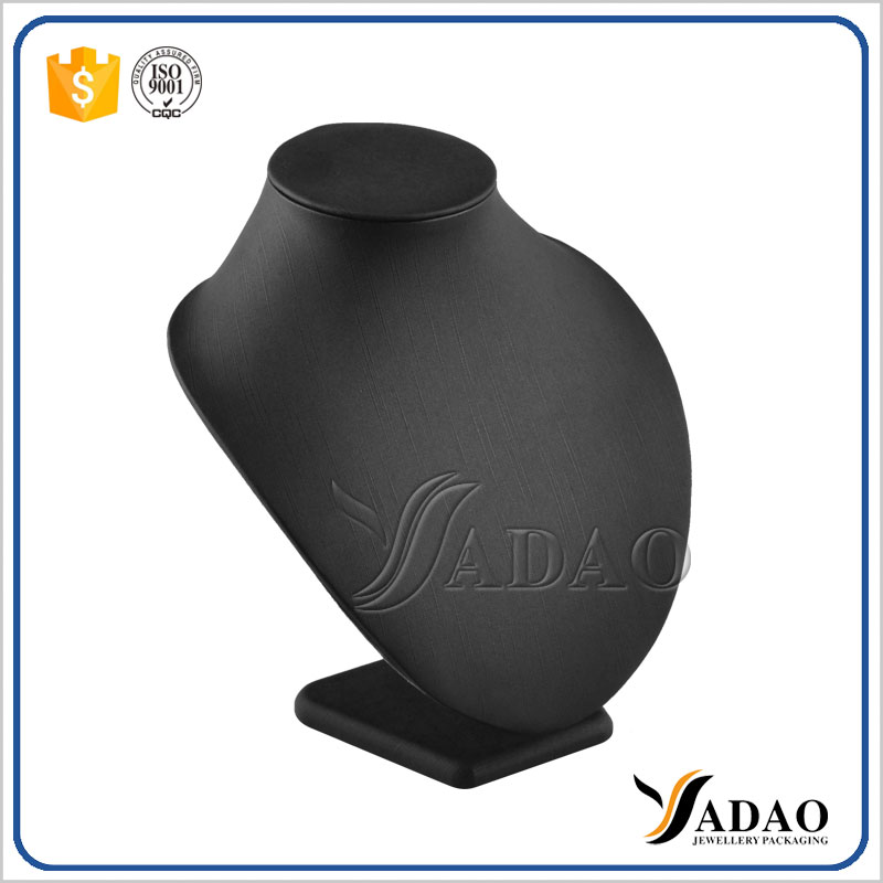 standing high quality black pu leather wooden necklace display jewelry bust display necklace customize height