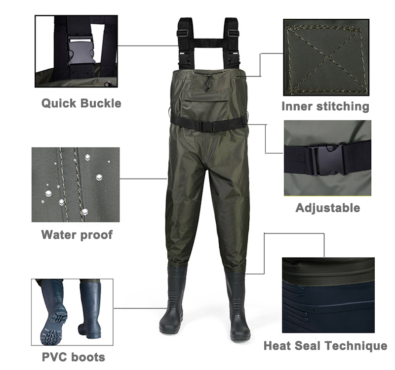 CW002 Front zipper pocket men nylon PVC water proof fishing wader chest wader with pvc boots