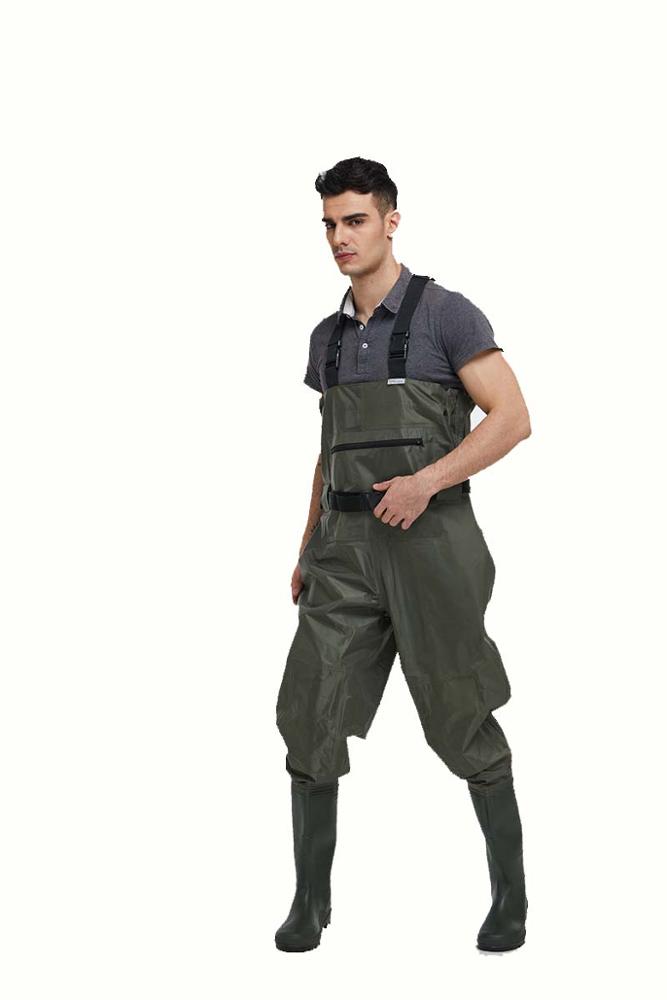 CW005 buena calidad nylon PVC hombres pesca wader impermeable wader cofre con botas de pvc