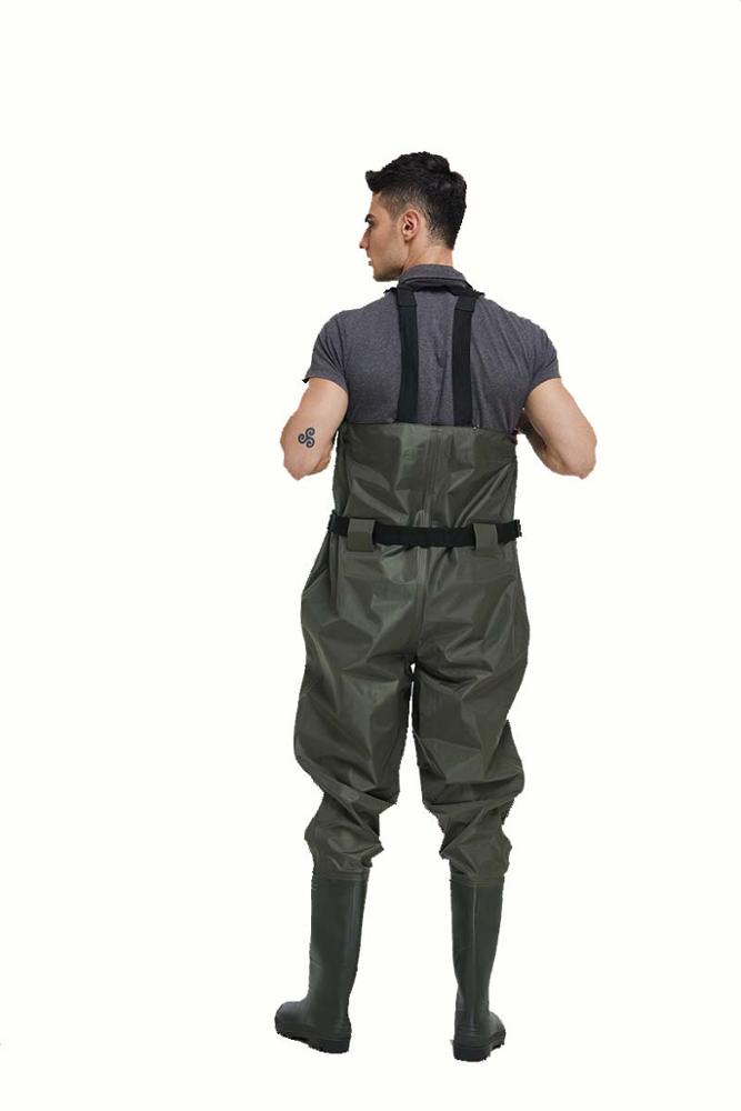 CW005 buena calidad nylon PVC hombres pesca wader impermeable wader cofre con botas de pvc