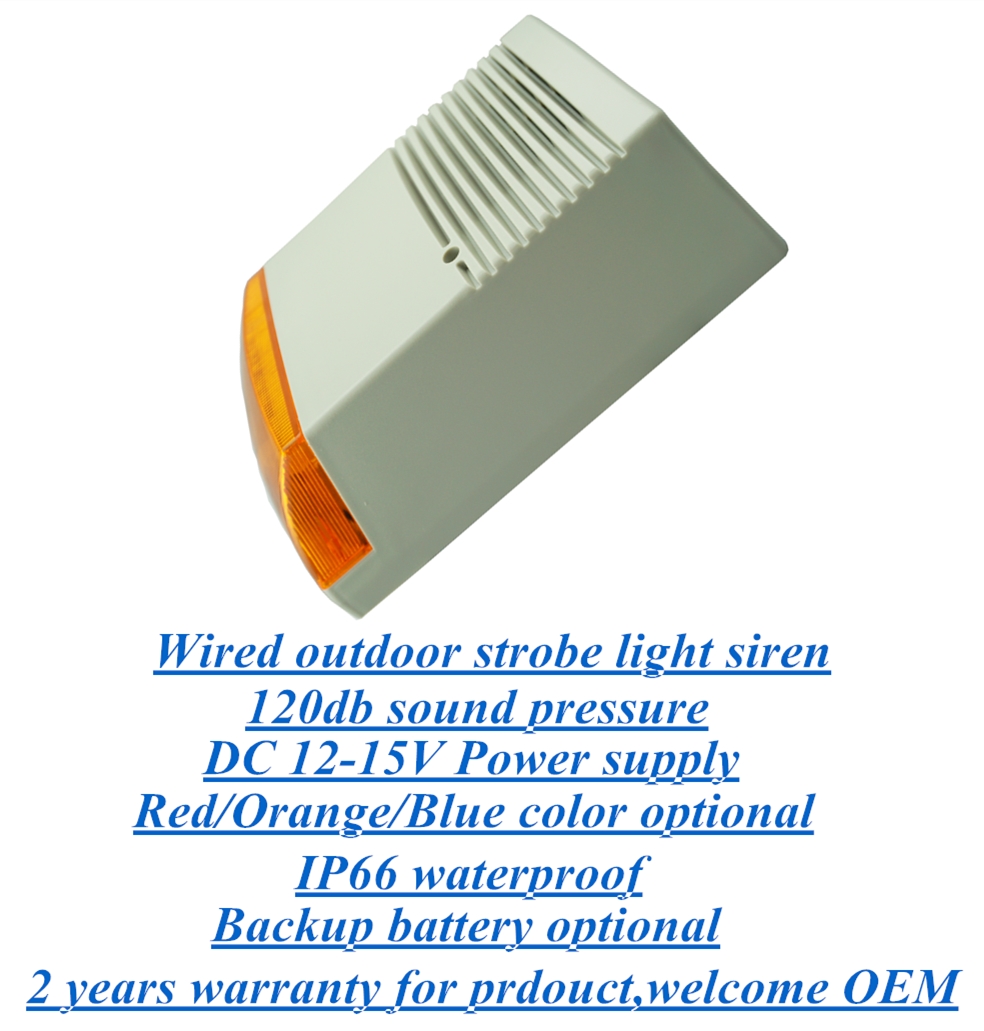 Outdoor wired electric strobe light alarm siren with backup battery optional