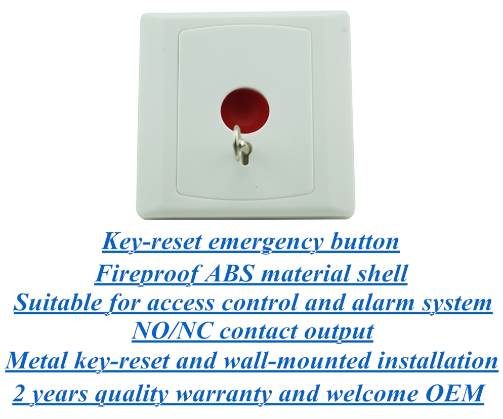 Metal key-reset emergency button for alarm system and access control system
