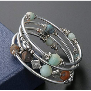 Beaded Pearl Bangle Wrap Bracelet ,Fashion Bohemian Jewelry Multilayer Charm Bracelet with Thick Silver Metal Beads