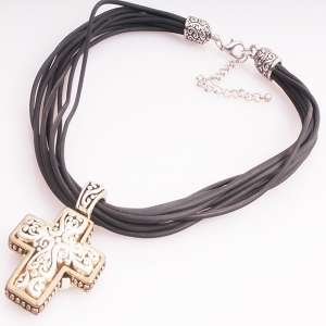Black Leather Cords Cross Pendant Necklace