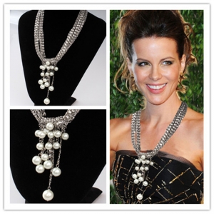 Guangzhou market fashion jewelry white gold plated  metal brass chain link charm pearl tassel necklace