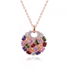 Hot Sale Rose Gold Plated Multicolor Top Cubic Zircon Paved Big Round Pendant Necklace