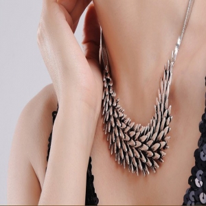 Silver Metal Alloy Feather Wing Necklace