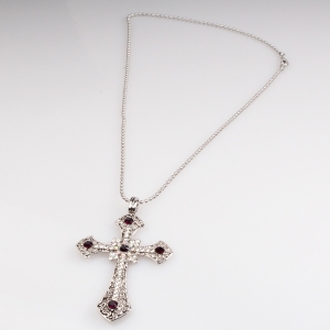 black rope chain fake crystal cross pendant necklace N90293