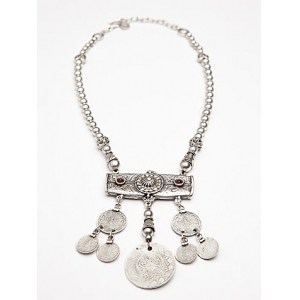 brass layered beads red rhinestone bar silver coin necklace