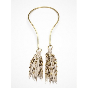 gold beaded genuine leather tassel alloy statement necklace