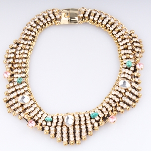 handmade rope crystal beaded turquoise bib necklace N90089