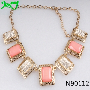 pink coral resin stone charm gold statement necklace N90112