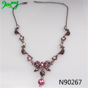 pink crystal bowtie gold statement pearl necklace N90267