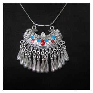 silver ethnic tatoo elastic beaded pendant necklace TBN005