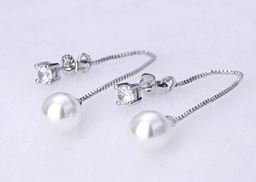 18K White plated long earring for women CZ Pearl earrings for women wedding Silver earring manufacturer