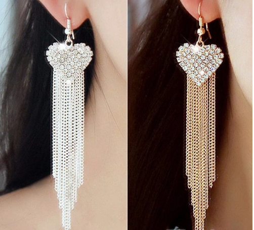 2018 Fashion Vintage Crystal Heart Hanging Earrings Long Tassel Gold/ Silver Color Drop Earrings For Women Jewelry