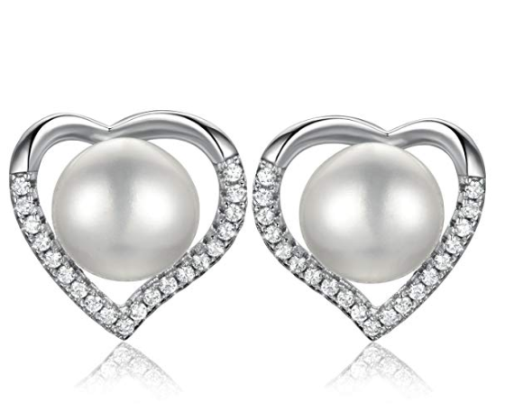 925 Sterling Silver Heart shaped  Earrings with Diamonds and Pearls for Woman