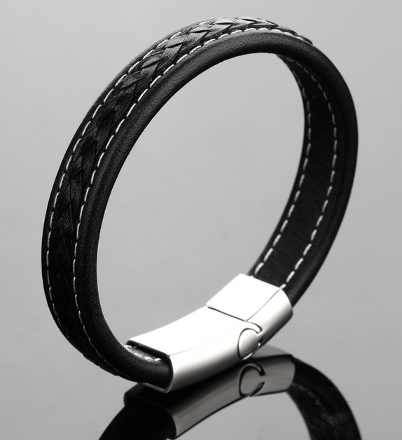 China Wholesale Fashion black Mens jewelry Genuine Leather bracelet with Stainless steel buckle