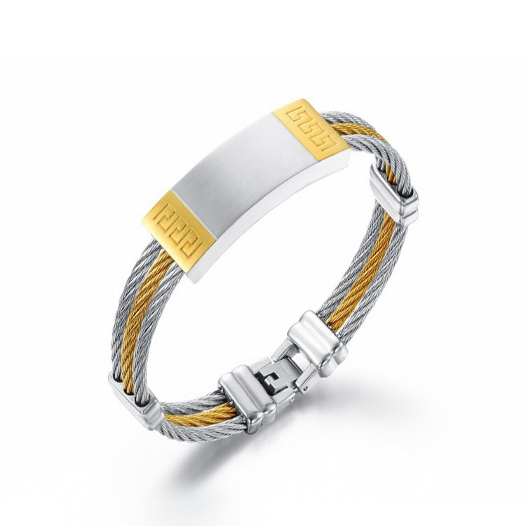China manufacturer men's Stainless Steel bangles golden Titanium jewelry, wholesale triple wire bangles bracelets for man with blank metal plate