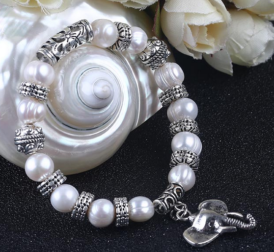 Elephant Pendant 10mm White Pearl Alloy Bracelet Supplier China