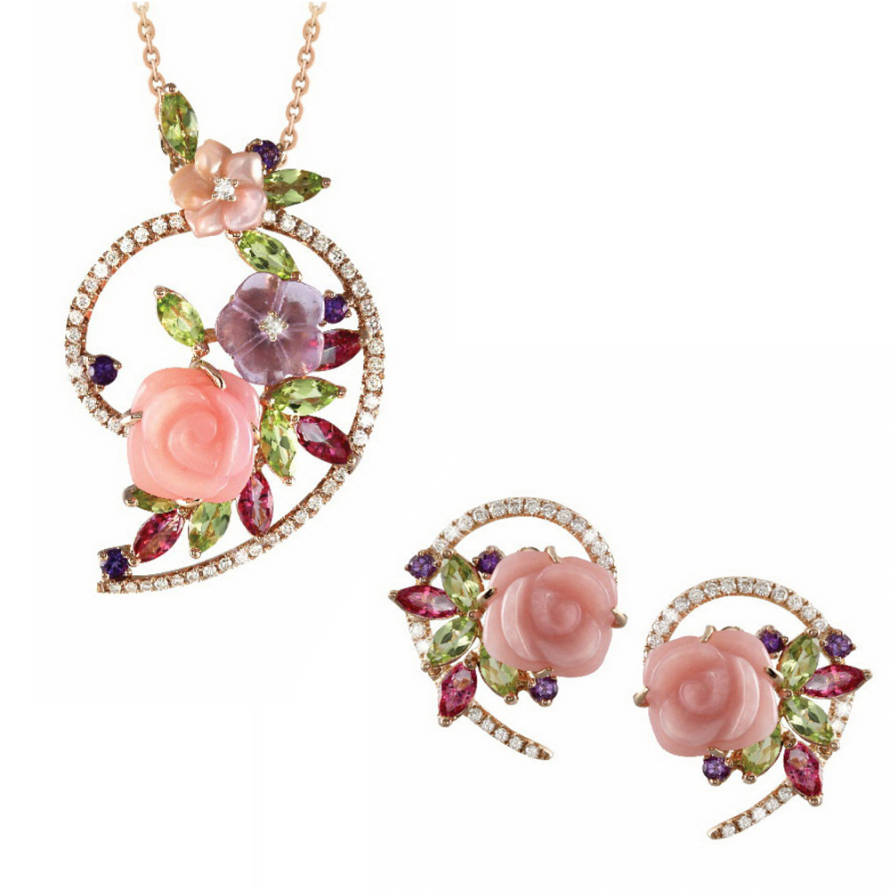 Fashion Heart  Resin Flower Crystal Pendant  Earring Wholesale 18k Gold Plated Jewelry Sets