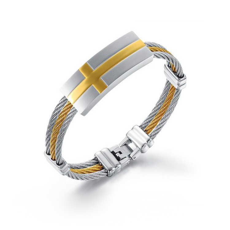 Fashion Men's Stainless Steel Titanium Bracelets Wholesale  Golden Jewelry ,Charm Triple Wire Bangles For Man With Metal Cross Buckle
