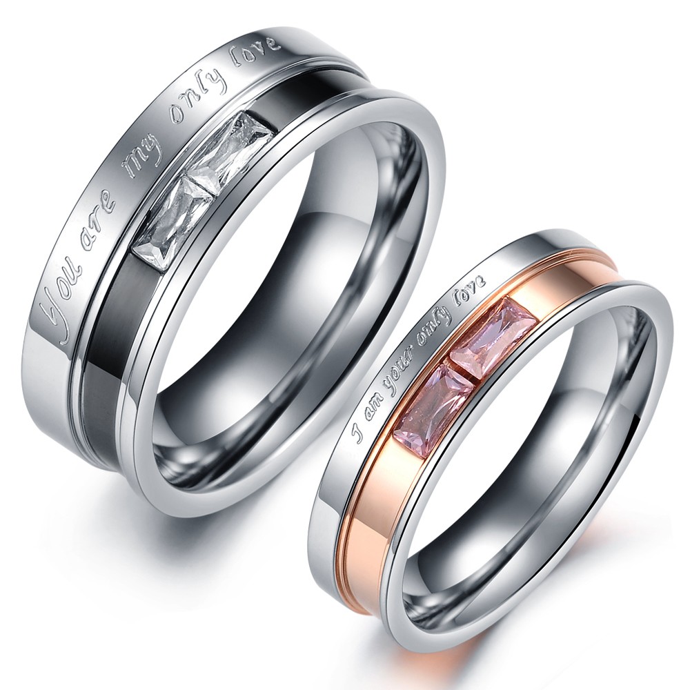 Fashion Rose Gold Black Stainless Steel Couple Finger Wedding Ring