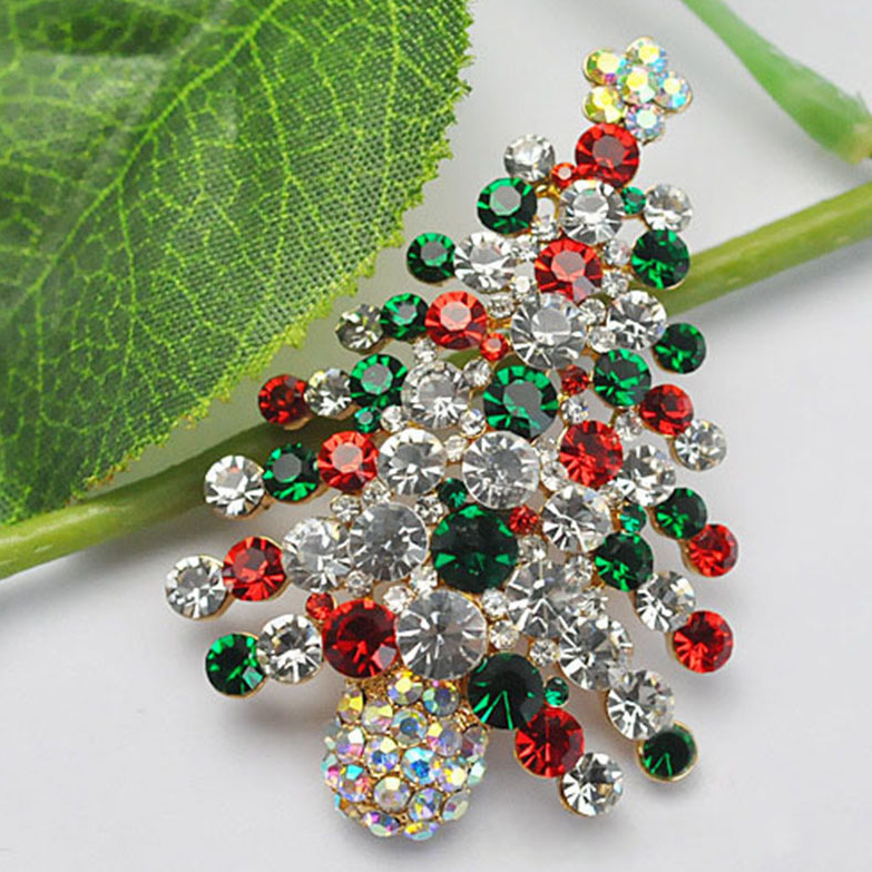 Fashion Zinc Alloy Enameled Colorized Crystal High Christmas Tree Brooches For Christmas Gifts