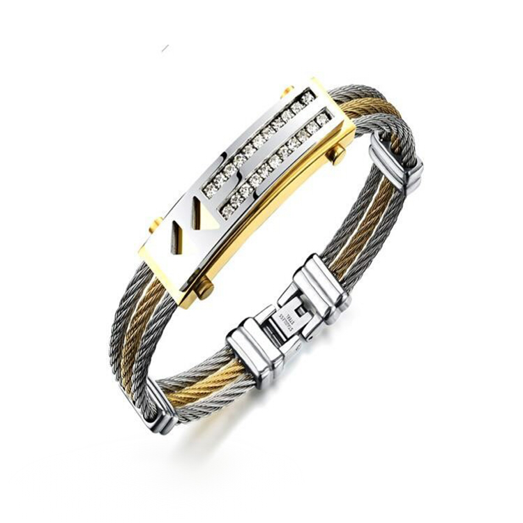 Fashion bracelet manufacturer wholesale men's Stainless Steel bangles Titanium jewelry golden, triple wire bangles bracelets for men with rhinestone