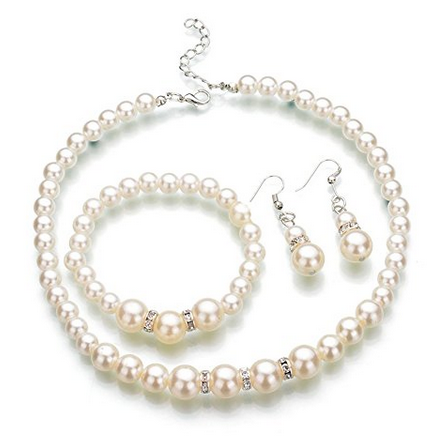 Faux Pearl Crystal Choker Necklace Earring Bracelet Jewelry Set