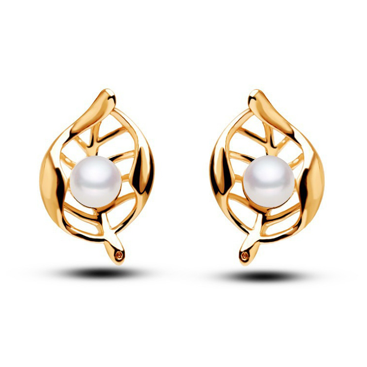 高档珍珠耳环空心叶女性时尚金色耳环
