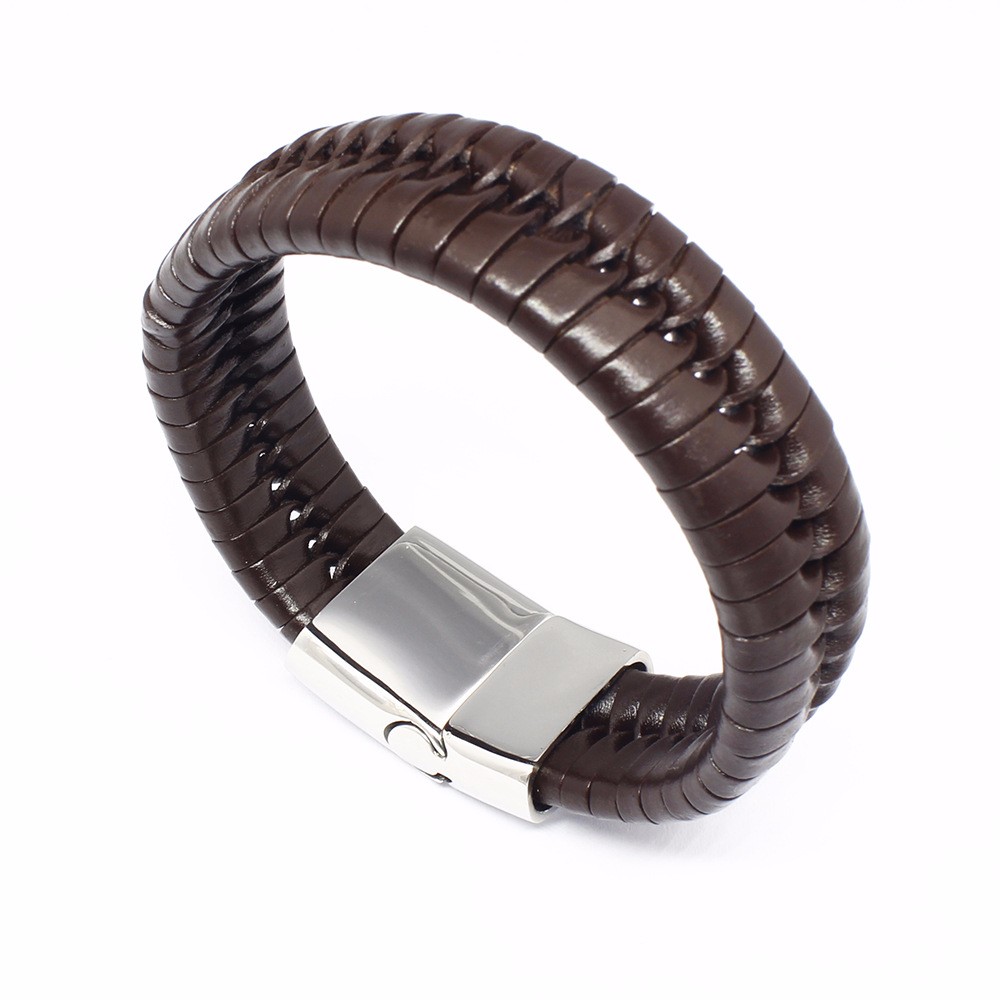 Latest style coffee PU leather braided bracelets for men, Stainless Steel Titanium bracelets jewelry with metal buckle