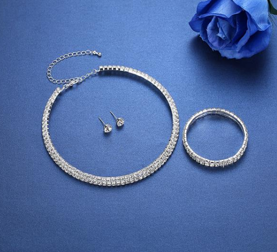 Silver Color Crystal Bridal Jewelry Sets African Beads Rhinestone Necklace Earrings Bracelet Sets