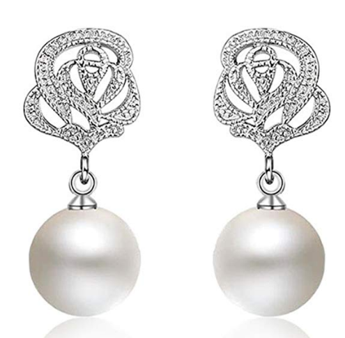 Vintage Pearl Earrings for Women Flower Drop Silver Pearl Dangle Earrings 10mm Wedding Jewelry