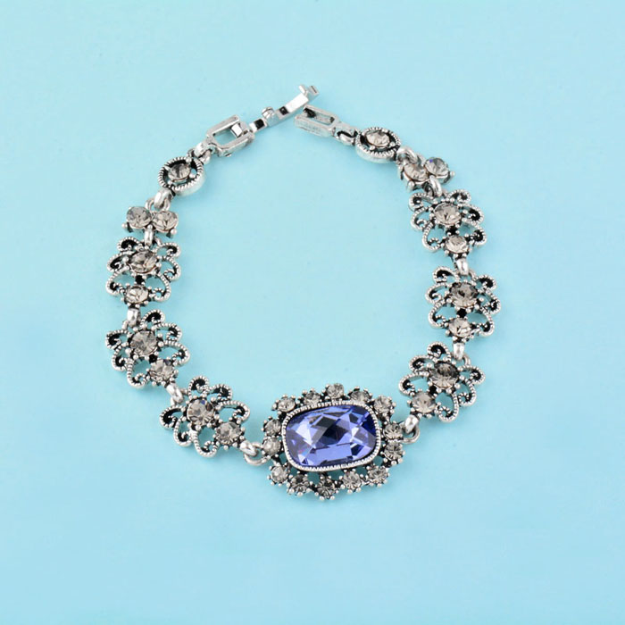 Vintage Purple Cubic Zircon Bangle & Bracelet Chain For Women Antique Silver Color Jewelry