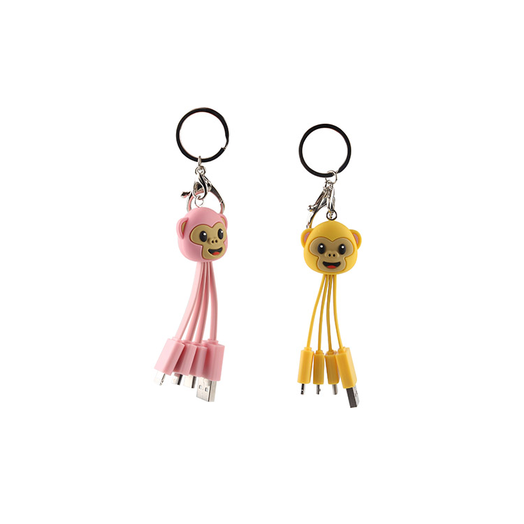 Custom monkey design cute short 11cm multi 3 in 1 usb pvc charging cable for iphone