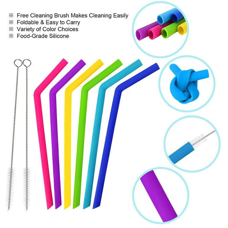 6pcs/set BPA Free Silicone Drinking Straws Flexible Silicone Straws with Cleaning Brushes