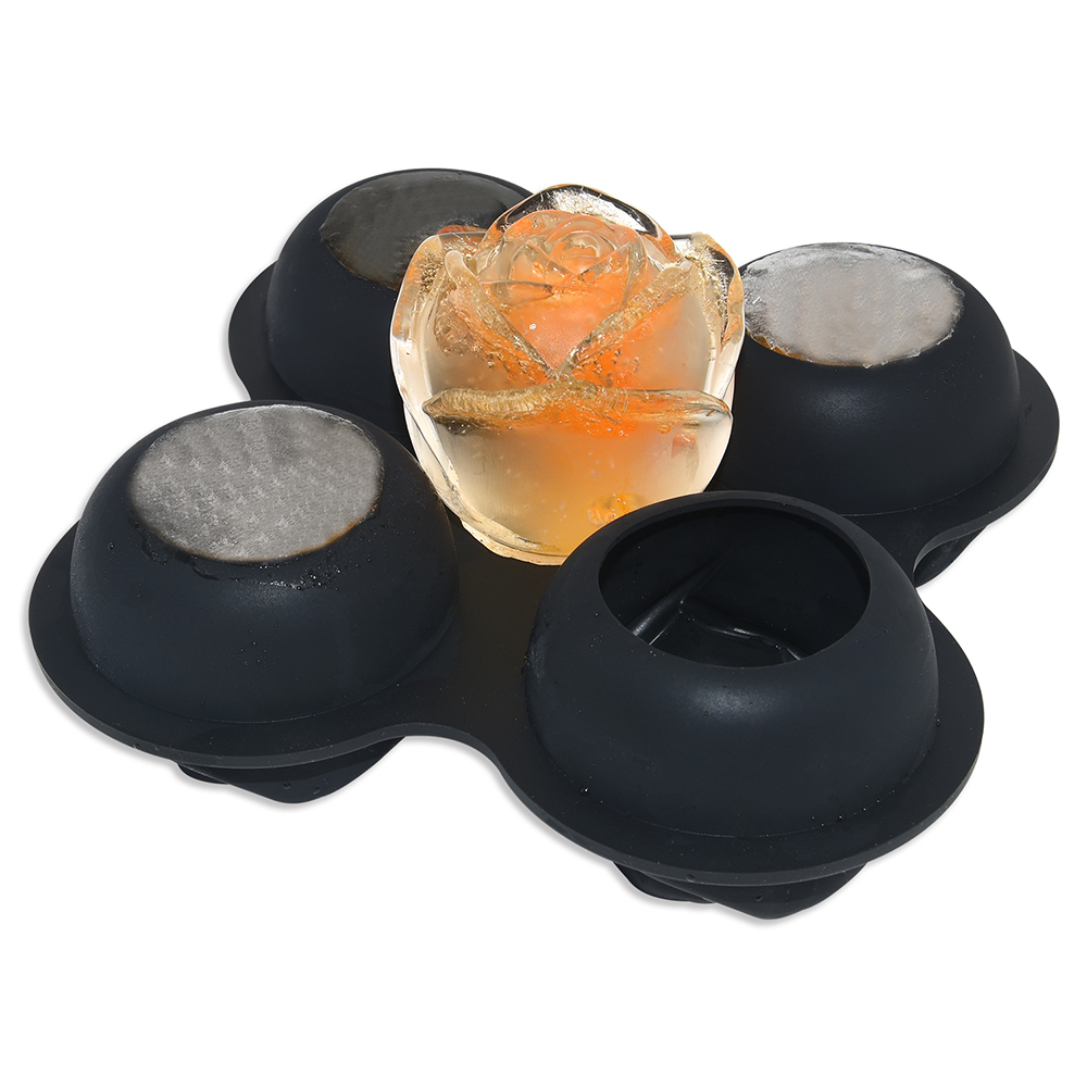 BPA Free Extra Large 3D Silicone Rose Shaped Ice Cube Mold with Lid Flexible 4 Cavity Rose Ice Cube Tray for Whiskey