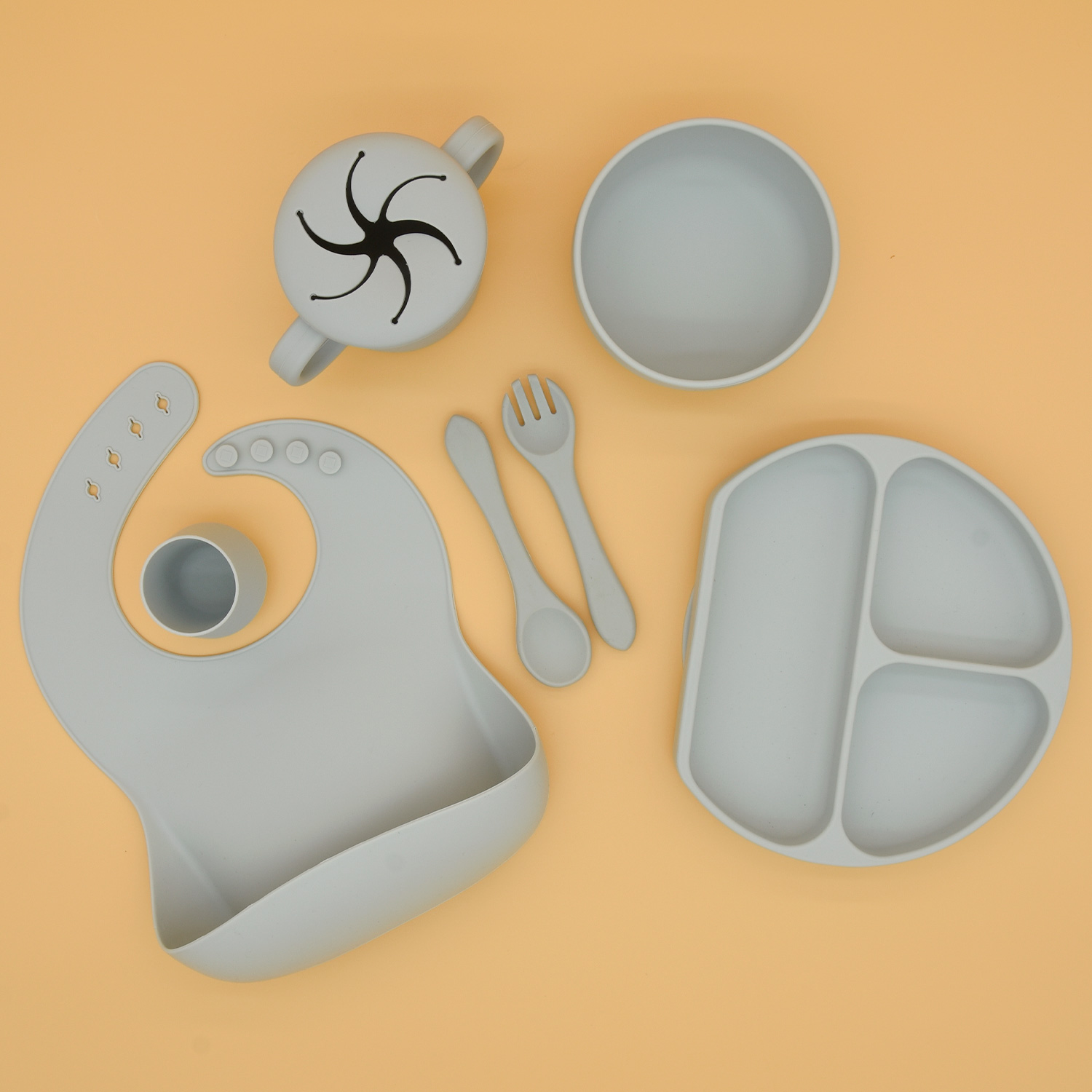 Umweltfreundliche nicht toxische Saugplatte Babyschale Kleinkind-Löffel-Gabel Baby-Lätzchen-Silikon-Baby-Fütterungsset