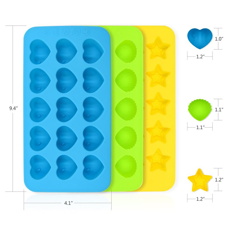 Moules à base de chocolat au silicone et moules aux bonbons - Ensemble de 3 coeurs flexibles, étoiles et coquilles sans bâton BPA Mini moules aux bonbons