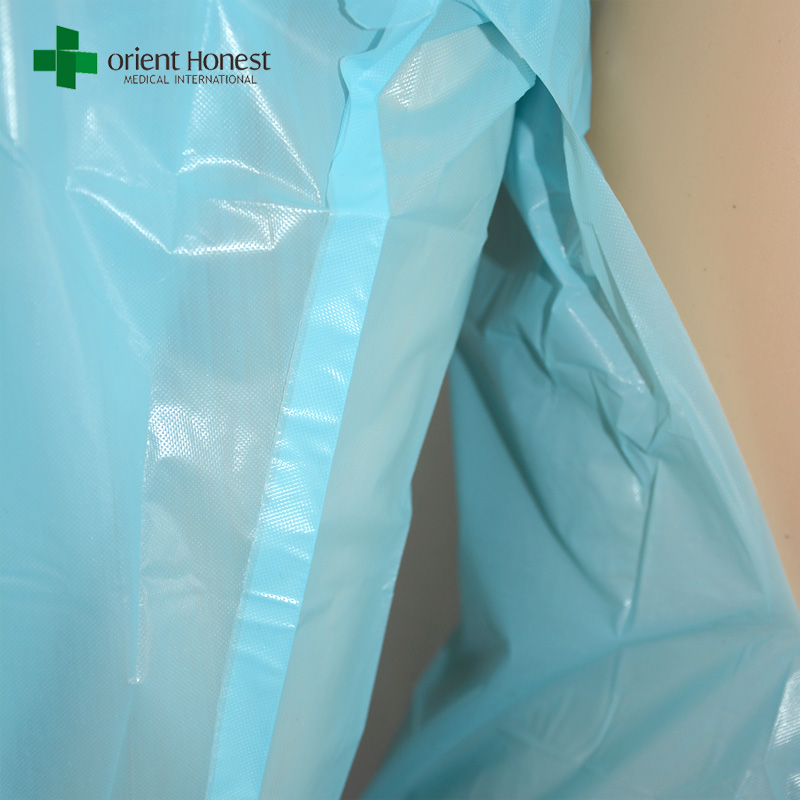 China manufacturer waterproof hospital CPE gown,wholesaler custom CPE isolation gown,blue medical CPE surgical gown