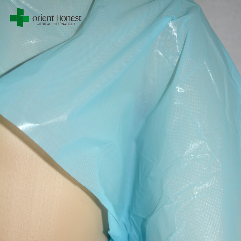 China manufacturer waterproof hospital CPE gown,wholesaler custom CPE isolation gown,blue medical CPE surgical gown