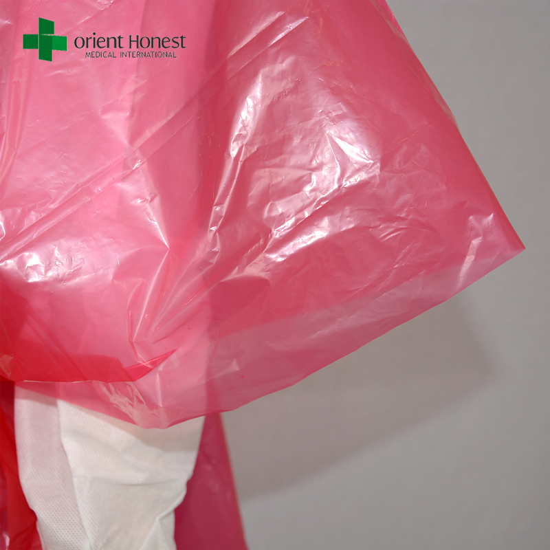 LDPE transparent plastic rain suits,China supplier plastic raincoat with hood,clear red disposable emergency poncho
