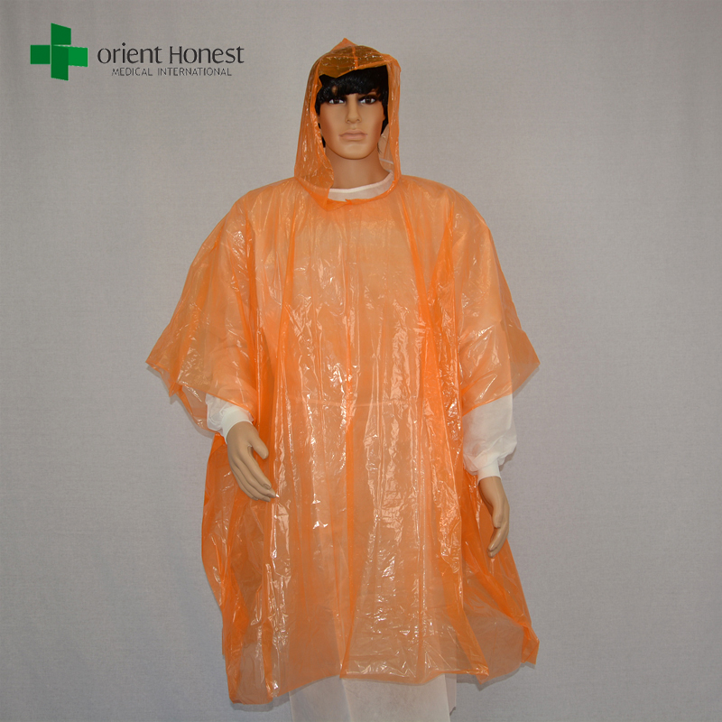 Einweg-PE-Kunststoff regen Ponchos, China Einweg-Poncho Hersteller, orange klar regen Poncho