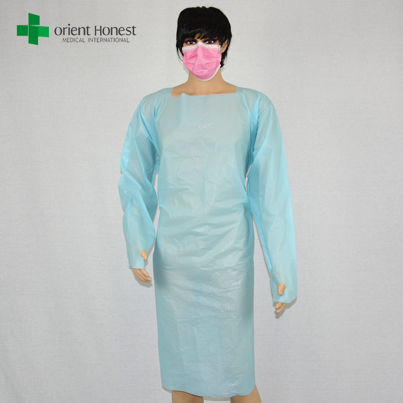 Kunststoff blau CPE Isolation Kleid Hersteller, CPE diposable Kunststoff OP-Kittel, wasserdicht CPE Isolation Kleider