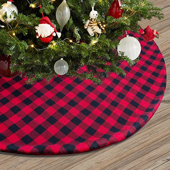 36 48 54 inch Checked Christmas Tree Skirt with Red and Black Plaid Deco for Holiday Party Tree Mat